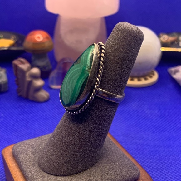 Comfort Curl ADJUSTABLE Genuine Fab Green Malachite Ring! .925 Sterling Overlay - Picture 3 of 16